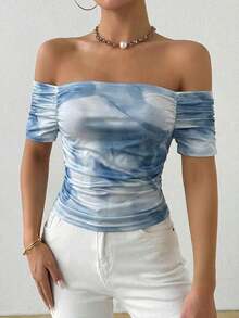 Camiseta de manga corta plisada con cuello recto en línea - Niebla azul - Ver 6