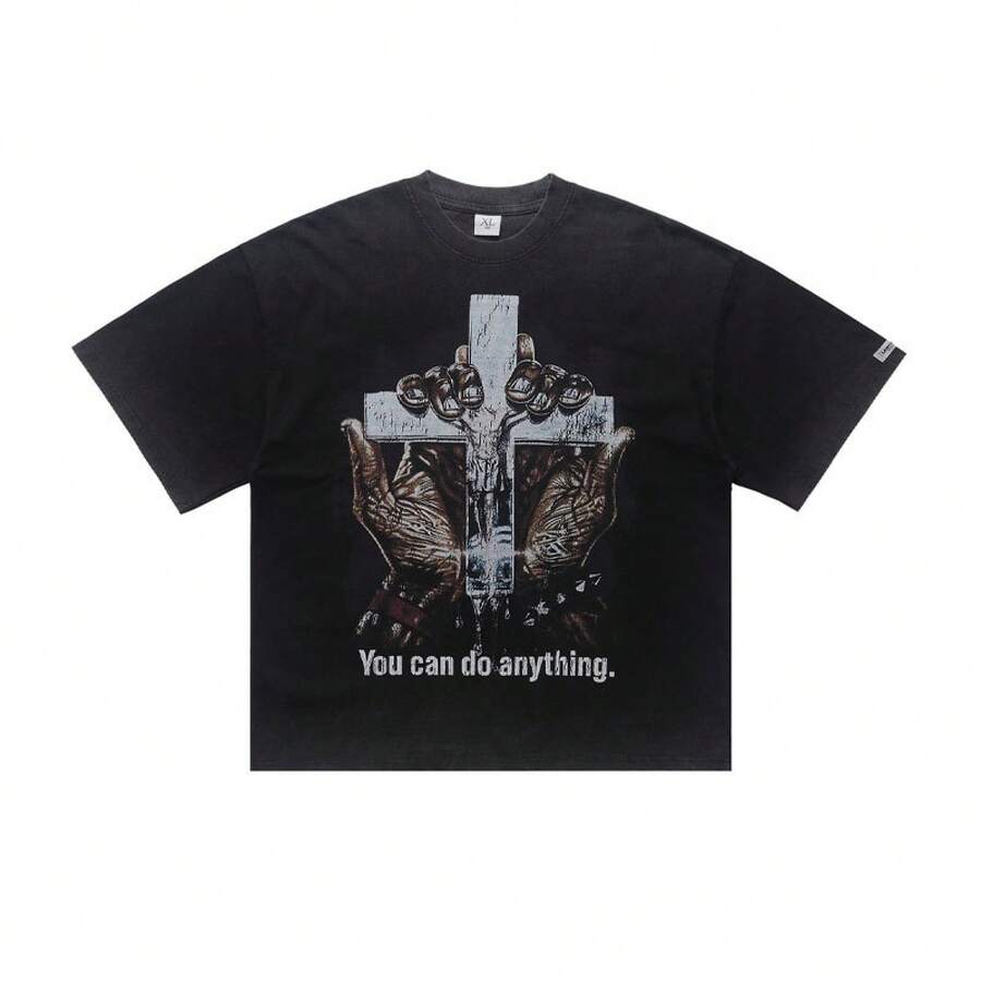 Lawfoo Men's American Style T-Shirt, Made Of Pure Cotton, Stonewashed, Loose Fit, Casual, Niche Print, In Silver Grey. - 黑色 - 查看 1