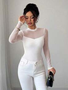 Blusa de manga larga elegante de unicolor con empalme transparente y ajuste elástico para mujer, otoño/invierno - Blanco - Ver 3