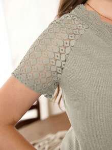 Lacomfia Camiseta de punto con parches de encaje para mujer talla grande, primavera/verano - Gris Claro - Ver 8