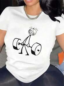 1 Piece CHICLY19 Cotton T-Shirt With Funny Stick Figure Graphic Doing Deadlift, Women's Gym Workout Quote Tee, Loose Fit Black Top, Short Sleeve Round Neck, Fun Aesthetic Cotton Tee For Gym And Everyday Wear, 180g 100% Cotton. - 白色 - 查看 2
