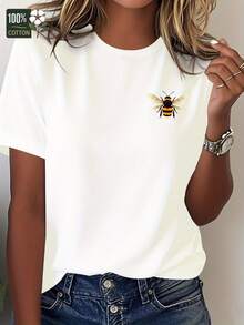 Comfortable Women's T-Shirt With Realistic Bee Design (Top View) - 白色的 - 查看 1