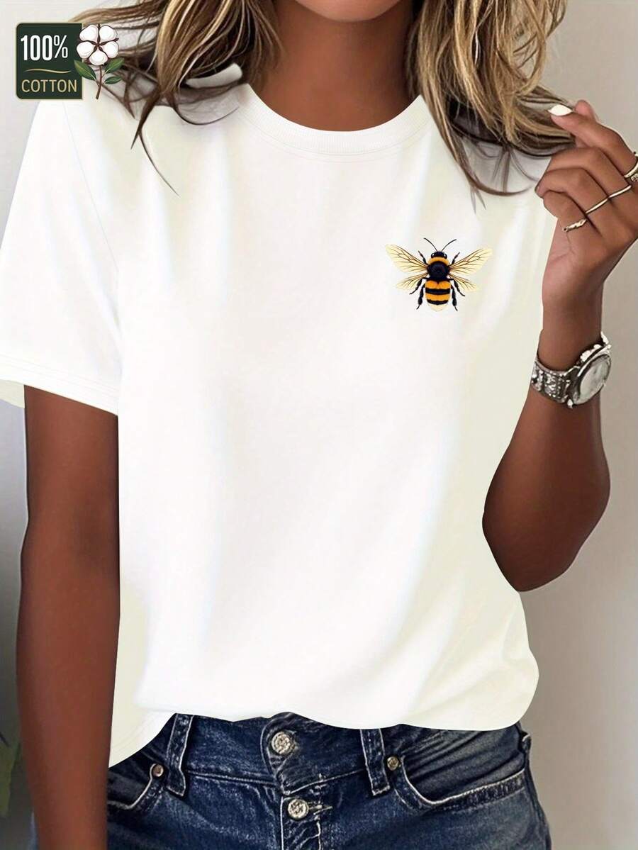 Comfortable Women's T-Shirt With Realistic Bee Design (Top View) - 白色的 - 查看 1