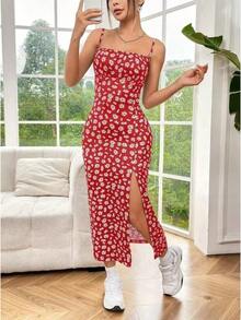 Otoño 2025 Vestido largo Sin tirantes Envoltura en el pecho Abertura alta Estampado de leopardo y margaritas Falda envolvente Vestido largo - Rosa - Ver 2