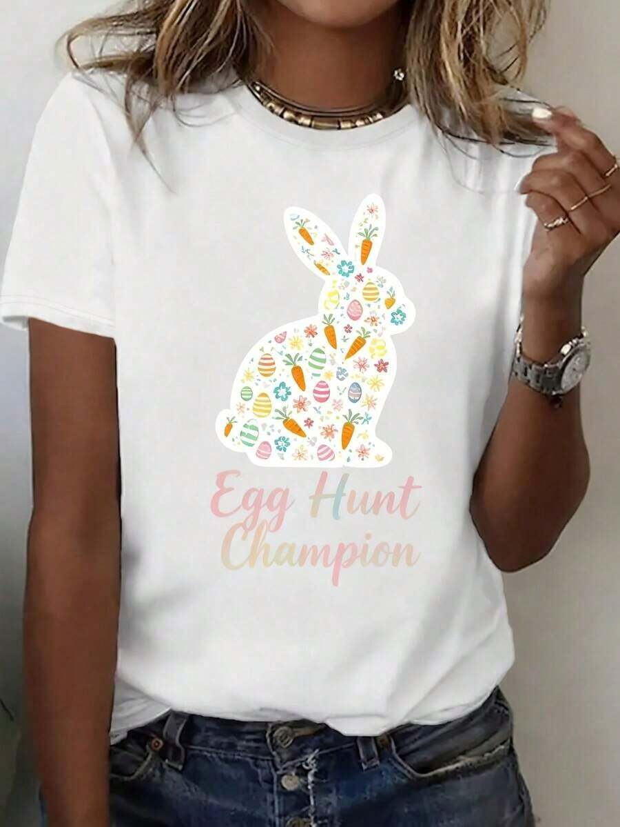 Women's Short Sleeve Crew Neck T-Shirt, 100% Cotton, Geometric Print - Opaque Blouse, Suitable For Spring And Summer, Machine Washable, Basic Top For Casual Outfits, Combinations And Casual Sets. - 白色 - 查看 1