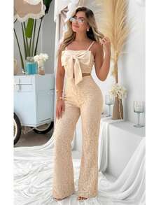 VOGUES Set 2 piezas Encaje PREMIUM Moda Mujer Blusa moño & Pantalón Importación Lace con Forro & Zipper Tejido grueso - Beis - Ver 2
