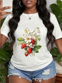 Cool Strawberry Print T-Shirt, Retro Strawberry Graphic T-Shirt, Vintage Fruit Illustration T-Shirt, Gift For Sweet Berry Lovers, Retro Style Clothing, Perfect Gifts For Grandma And Mom. - 白色 - 查看 7