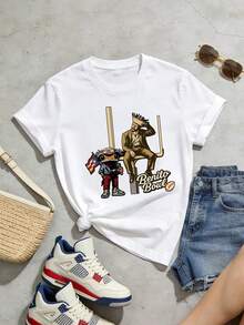 Camiseta de manga corta con cuello redondo suave y casual de verano para mujer, estilo rugby, estilo universitario, tops para salir, algodón, vintage, estilo callejero europeo y americano, casual deportivo, estilo unisex, estilo casual urbano, tops bonitos, generación Z, curvas, ropa Y2K, camisetas divertidas, tops para damas, conjuntos de vacaciones para mujeres, top lindo, camiseta gráfica, conjuntos de primavera, camisetas holgadas, ropa de calle retro, estilo de los 90, estilo de los 2000, subcultura, top negro, tops blancos, conjunto de fiesta de los 90. Negro - Blanco - Ver 4