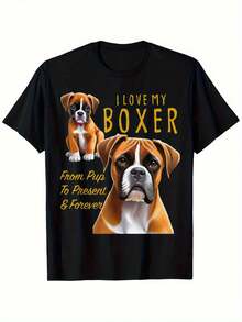 Camiseta de boxeador de peso pesado para hombres amantes de los perros - "Amo a mi boxeador y cachorro" Camiseta gráfica con diseño de cachorro y perro adulto de boxeador - Camiseta negra con letras amarillas - Tallas S-XXXL - Regalo perfecto para propietarios de boxeadores, papás de perros - Negro - Ver 2