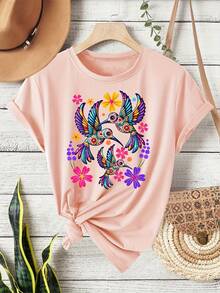Short-Sleeved T-Shirt With Round Neck, Mexican Style, Bohemian Style, Folk Art Three Birds Floral Print,  Retro Style, Casual Sports And Fitness Clothing For Women, Suitable For All Seasons - Basic And Versatile. - 白色 - 查看 11