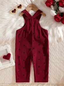 Baby Girls' Pink Striped Red Heart Print Cute Sweet Style Suspender Pants - Burgundy - View 2