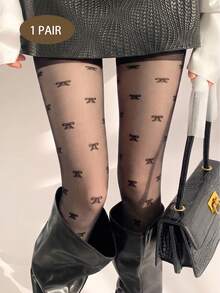 1双女士性感蝴蝶结透明连裤袜，时尚黑色丝袜，百搭紧身裤，轻盈打底裤，适合日常穿着 - 黑色 - 查看 3