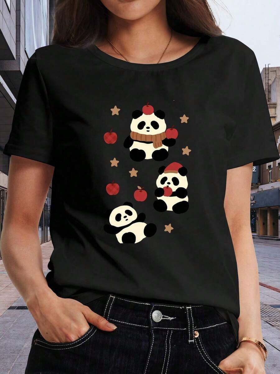 Camiseta de Mujer con Estampado "Apple Panda" | Camiseta Casual de Manga Corta, Suave y Transpirable, Elasticidad Moderada, Lavable a Máquina, Cuello Redondo, 100% Algodón, Camiseta para M - Negro - Ver 1
