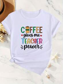 Camiseta de Verano de Manga Corta, Diseño Simple y Versátil, Estampado de Café para Maestros, Casual y Holgada, de Algodón - Blanco - Ver 7
