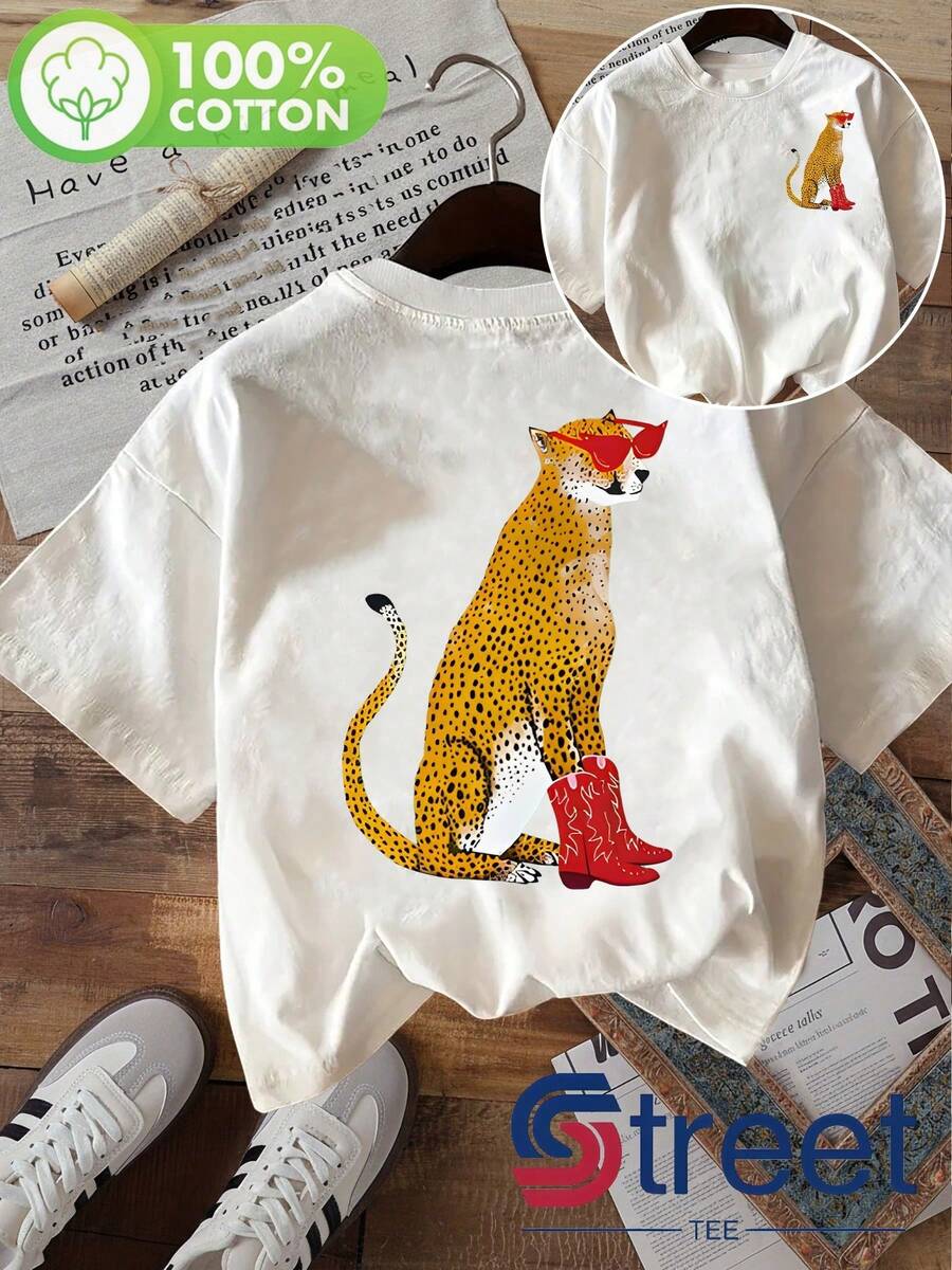 Camiseta de Verano Premium para Mujer con Estampado Retro Americano, Estampado de Leopardo con Gafas de Sol y Botas Rojas, Moderna y Única, Adecuada para Uso Diario o Urbano, Estampado a Doble Cara en la Parte Delantera y Trasera, Diseño Simple y Elegante, Transpirable, Ropa Casual de Verano, Unisex. - Blanco - Ver 1