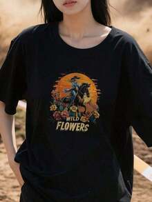Camiseta de algodón básica con cuello redondo para mujer, con estampado de atardecer, vaquera montando a caballo, flores silvestres y caballos salvajes. Adecuada para primavera, verano y otoño. - Negro - Ver 5