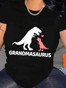 Women's Casual Sports T-Shirt With "Grandmasaurus" Dinosaur Print | Casual Fabric, Geometric Pattern, Crew Neck, Loose-Fitting Short-Sleeve T-Shirt Suitable For All Seasons, Ideal For Spring/Summer/Autumn. Moisture-Wicking Casual Gym Wear. - 黑色 - 查看 1