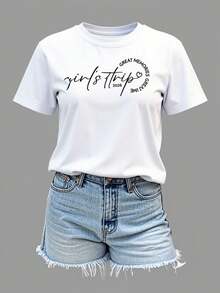 Camiseta de moda Y2K "viaje de chicas" de estilo cálido y relajante para mujer |   Camiseta de moda con estampado temático de viaje de amigas, diseño de eslogan escrito a mano, perfecta para crear un ambiente conmemorativo de viaje, conjuntos a juego para amigas, ropa de calle de verano con estampado gráfico. - Blanco - Ver 9