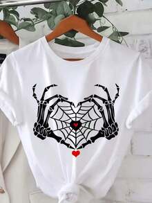 Heart Spider Web - Short-Sleeved T-Shirt With A Round Neck And Regular Fit, Perfect Choice For Spring And Summer, Comfortable Women's Fashion Clothing - Soft, Breathable, Machine Washable, Ideal For Casual Outfits. Women's Blouses > Clothing - 白色 - 查看 6