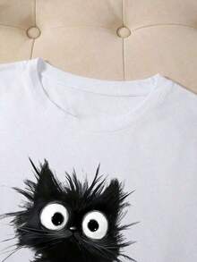 1 Piece Of Women's Cat Print Short Sleeve T-Shirt, Casual Loose Fit, 180g, 100% Cotton. - 白色 - 查看 3