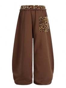 Women's Autumn 2026 Retro American Style Sports Trousers, Furry Leopard Print With Combined Embroidery, Curved Cut Wide Leg Loose Fit For Jazz Dance - 咖啡棕 - 查看 2