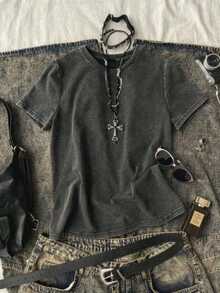 1 Piece Of Women's Casual Short-Sleeved Loose-Fitting Washed T-Shirt, Vintage Style, Y2K, Grunge Shirt, 180g, 100% Cotton. - 黑色 - 查看 6