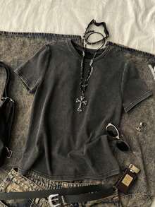 1 Piece Of Women's Casual Short-Sleeved Loose-Fitting Washed T-Shirt, Vintage Style, Y2K, Grunge Shirt, 180g, 100% Cotton. - 黑色 - 查看 7