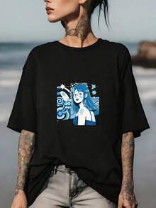 Camiseta de moda neutra 100% algodón - Estampado de anime brillante, adecuada para reuniones familiares y actividades de team-building de empresas, un regalo ideal para cumpleaños y celebraciones del Día de los Caídos. Camiseta de mujer de color sólido simple, corte holgado y ajustado, manga corta informal. - Negro - Ver 7