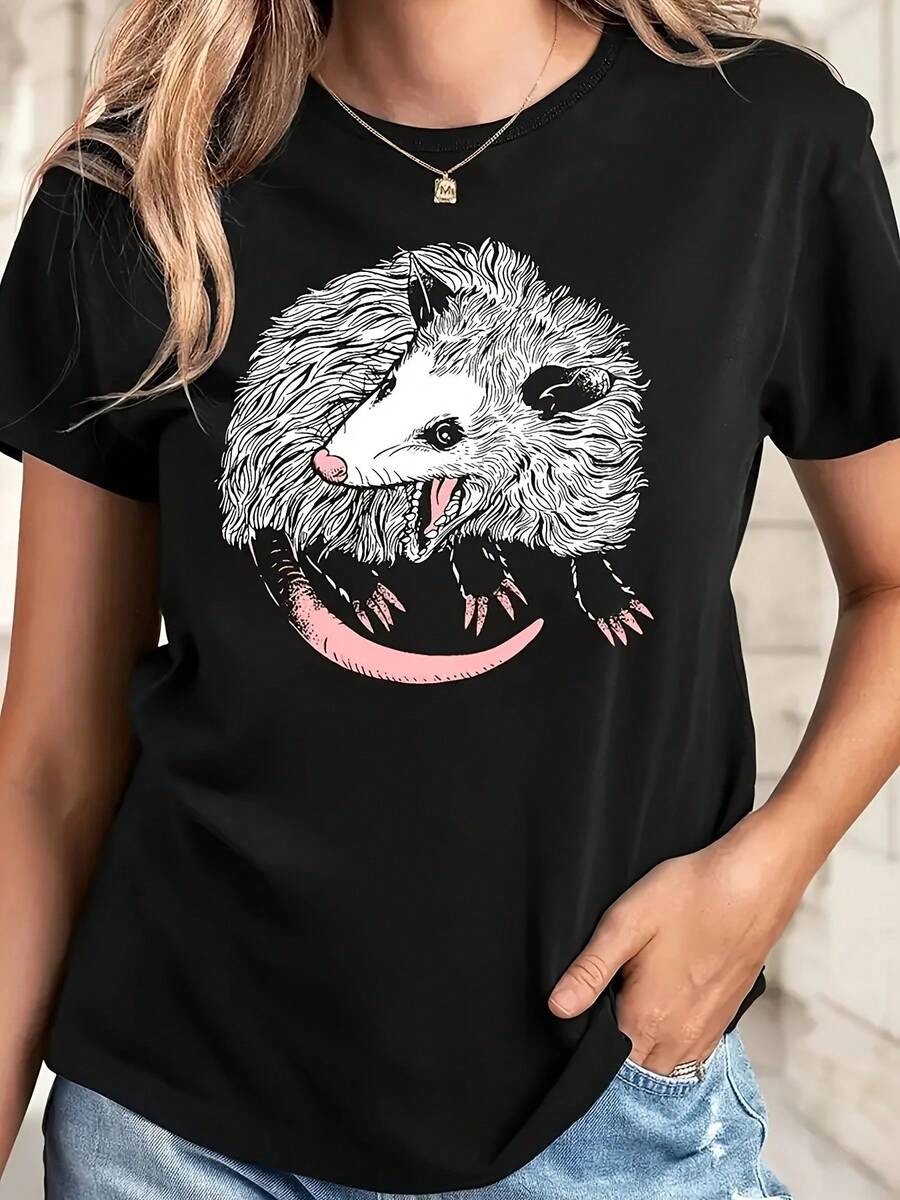 Camiseta Casual con Estampado de Ratón. Camiseta casual de manga corta con cuello redondo | 95% poliéster, 5% spandex | Largo Regular, Lavable a Máquina, Camiseta Versátil para Todas las Temporadas. 100% Algodón 100% Algodón - Negro - Ver 1