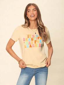 LUNE Women's Minimalist Casual T-Shirt For Teacher's Day With "It's A Beautiful Day" Print, Round Neck, Short Sleeve, Suitable For Summer, Cotton Blend, Ideal For Going Out, Casual - 杏子 2 - 查看 3