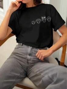 Fashionable Short-Sleeved T-Shirt With Double-Sided Dental Print, Casual Round Neck Short-Sleeved T-Shirt, Women's Clothing. - 黑色 - 查看 3