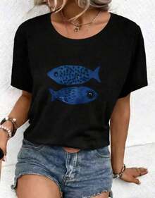 Camiseta Casual de Vacaciones para Mujer 2026, Camiseta de Cuello Redondo Blanca con Estampado de Peces, Top Casual de Verano para Mujer, Ropa de Verano Y2K 6TFE - Negro - Ver 9