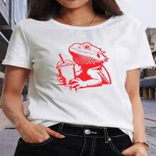 Women's Casual Cotton Round Neck Short Sleeve T-Shirt With Unique Lizard Graphic Print, High Stretch Regular Fit Top For Everyday Wear, Fashionable And Comfortable. - 白色 - 查看 1