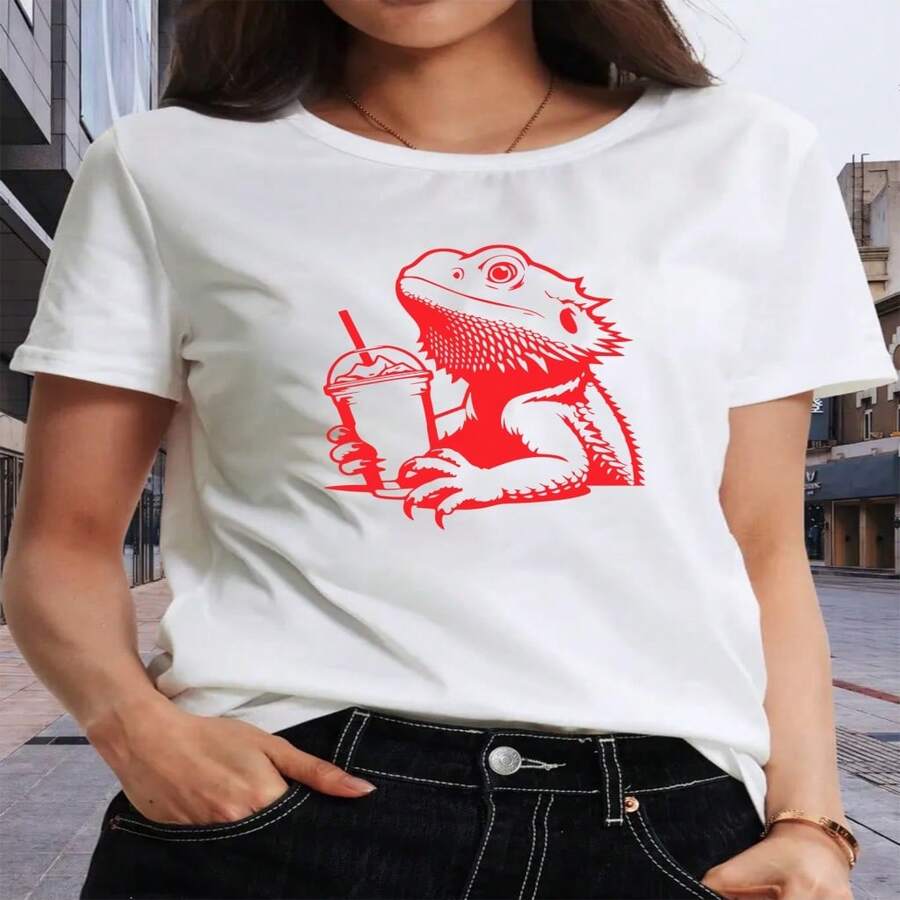 Women's Casual Cotton Round Neck Short Sleeve T-Shirt With Unique Lizard Graphic Print, High Stretch Regular Fit Top For Everyday Wear, Fashionable And Comfortable. - 白色 - 查看 1