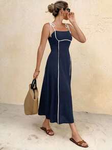 Frenchy Vestido midi con tiras anudadas y ribete de color contrastante para mujer - Azul marino - Ver 4