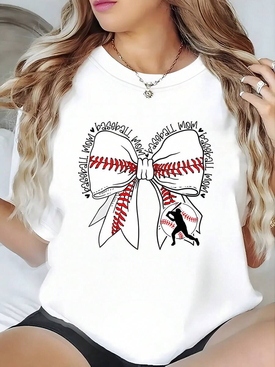 Camiseta 100% algodón puro, con estampado de "baseball mom", cuello redondo, cómoda camiseta de manga corta para mujer, top deportivo casual transpirable, disponible en varios colores, perfecta para regalos navideños. - Blanco - Ver 1