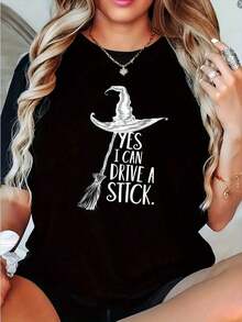 1 Piece Witch Hat Print T-Shirt - Blend ( , Elastane) - Round Neck - Medium Stretch - Short Sleeve - Casual Black T-Shirt For Women - Spring/Summer Collection 180g 100% Cotton - 黑色 - 查看 6