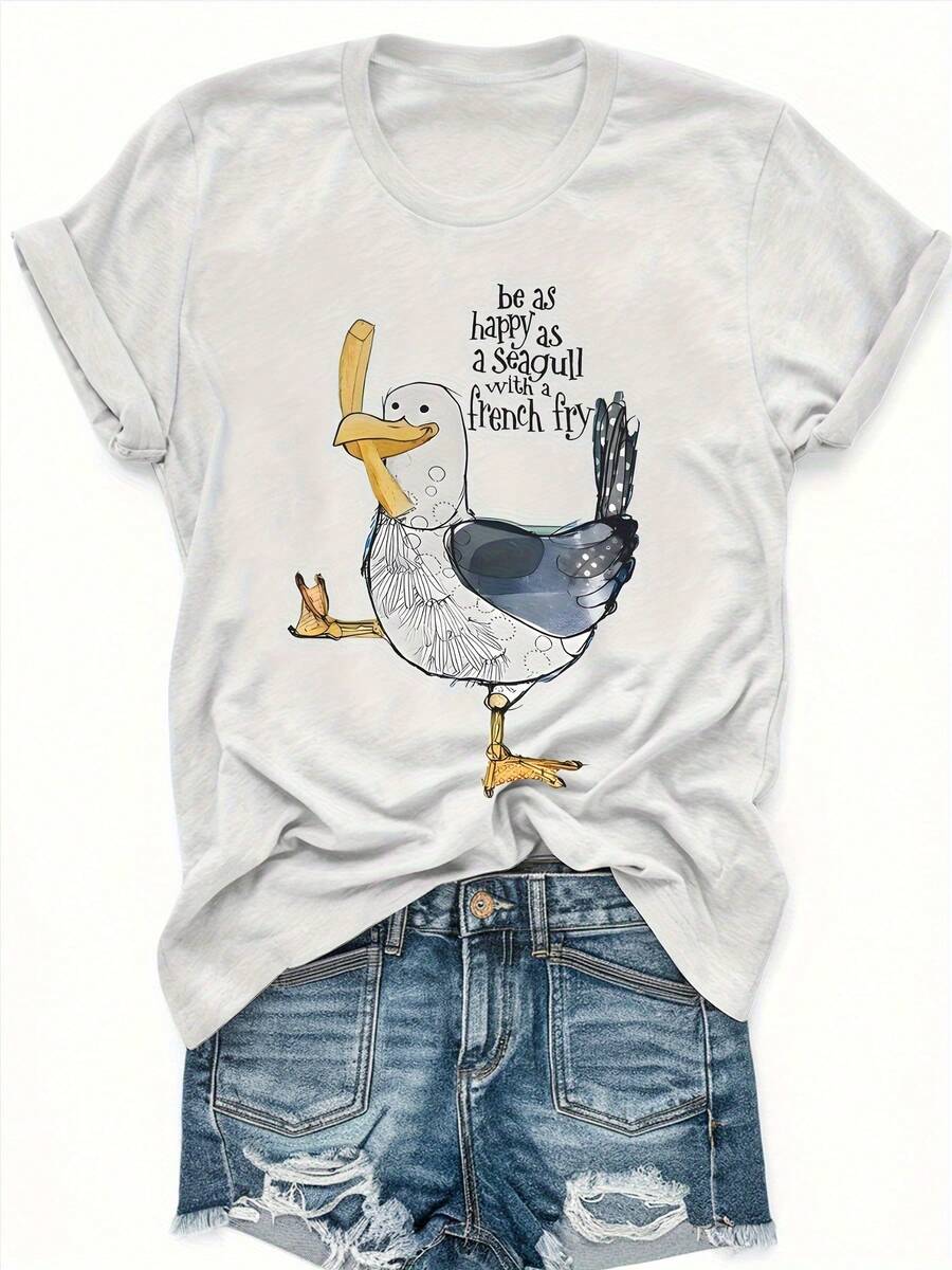 Women's Essential Casual T-Shirt - Cute Duck Print With The Phrase "Be Happy As Happy", Soft And Casual For Everyday Wear, Loose And Versatile T-Shirt For All Seasons, Comfortable Design, Suitable To Pair With Jeans And Other Outfits. Soft Cotton For Daily Use. - 白色 - 查看 1