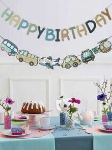 Juego de Decoración de Pancarta de Cumpleaños, Tema de Vehículo de Dibujos Animados de Papel Colorido, Letrero de Fiesta Multiusos, Adecuado para Varias Ocasiones, Reutilizable, Longitud 3.05m/9.75m - Multicolor - Ver 1
