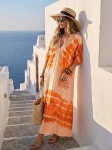 Vestido casual suelto con escote en V, estampado de teñido anudado, con bolsillos grandes, estilo bohemio de verano para vacaciones en la playa para mujeres - Rosa - Ver 10
