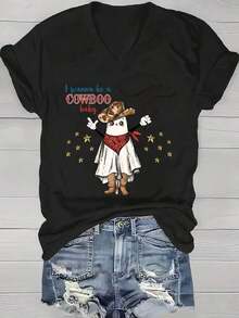 1 Piece Women's 180g Funny Halloween Print V-Neck T-Shirt, Casual Short Sleeve, Breathable, Comfortable And Lightweight, Suitable For Spring And Summer, It's The Best Choice Pa_17 Round Neck Printed Short Sleeve Casual Everyday T-Shirt, They Are Excellent Gifts For Friends And Family, 100% Cotton T-Shirts Feature, A Youthful And Fashionable Design Blouses For Women Shirt - 黑色 - 查看 6