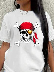 Lightweight And Durable Short-Sleeved T-Shirt With Pirate Skull Design, Ideal For Casual Occasions, Parties, Beach Outings Or Everyday Wear, Featuring A Graphic Of A Red Bandana And Crossbones - 白色 - 查看 1