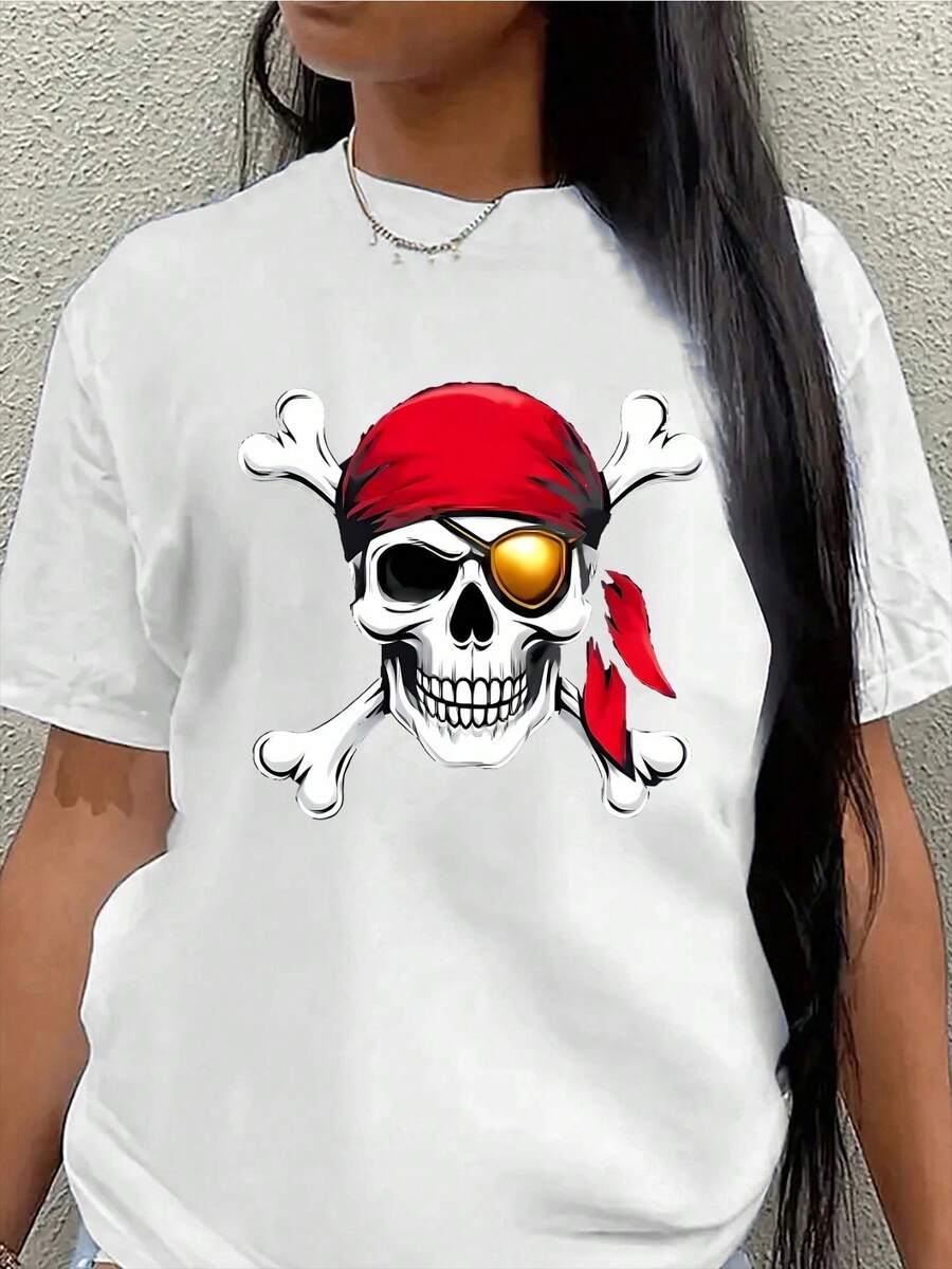 Lightweight And Durable Short-Sleeved T-Shirt With Pirate Skull Design, Ideal For Casual Occasions, Parties, Beach Outings Or Everyday Wear, Featuring A Graphic Of A Red Bandana And Crossbones - 白色 - 查看 1