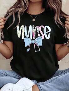 Women's Cotton T-Shirts, Nurse T-Shirt With Floral And Striped Design, Bow And Stethoscope, Gift For Nurses, Health Workers, Medical Professionals, For Nurse's Day Or Career Celebration, Basic Women's Blouses. - 黑色 - 查看 7