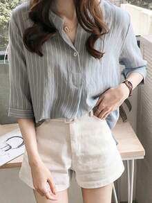 Women's Striped Round Neck Blouses For Petite Women, New Korean Style Three-Quarter Sleeve Shirt For Summer, Loose Casual Shirt. - 灰色 - 查看 4