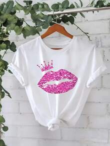 Women's Casual Sporty Print Short-Sleeved T-Shirt, Ideal For Valentine's Day, With Crown And Lips Design, Modern And Stylish Pattern, Urban Style, Perfect For Spring, Summer And Autumn. - 白色 - 查看 1