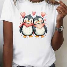 Camiseta de Cuello Redondo con Estampado de Pareja de Pingüinos y Corazón, Diseño Simple y Versátil, Camiseta Casual de Manga Corta para Verano, Ropa Casual de Mujer, Camiseta de Algodón - Blanco - Ver 7