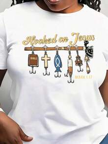 Women's Modern Minimalist Jesus Print T-Shirt, Casual Short Sleeve T-Shirt For Daily Outdoor Wear, Suitable For Any Occasion, Perfect As A Birthday Gift, For Wear In All Seasons, Casual For Everyday. - 白色 - 查看 1