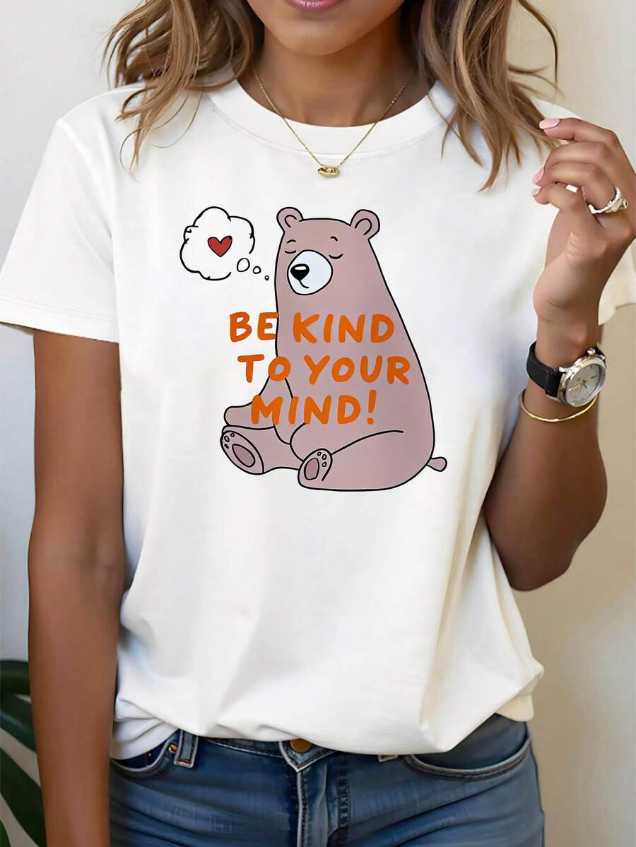 Modern Minimalist: Be Kind To Your Soul! Women's Heart-Care Themed T-Shirt With A Cartoon Bear And Heart Bubbles Design, Casual Short Sleeves, With An Inspirational Slogan, Soft And Comforting, Suitable For Everyday Wear. - 白色 - 查看 1
