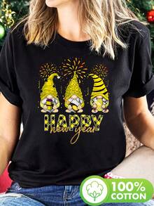 New Year's Yellow Fireworks Print T-Shirt, Short Sleeve, Round Neck, Casual Style For Summer And Spring, Women's Clothing - Unisex Loose Cotton T-Shirt, Short Sleeve, Round Neck, Urban Vintage Style. - 黑色 - 查看 1